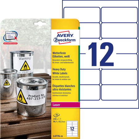 *AVERY Etykiety Heavy Duty; A4, 20 ark./op., 99,1 x 42,3 mm, białe, poliestrowe L4776-20