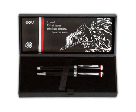 EXO HUSARIA POLSKA ZESTAW PIÓRO + DŁUGOPIS CHROM CZARNY 1020FPBP