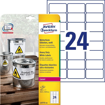 *AVERY Etykiety Heavy Duty; A4, 20 ark./op., 63,5 x 33,9 mm, białe, poliestrowe L4773-20