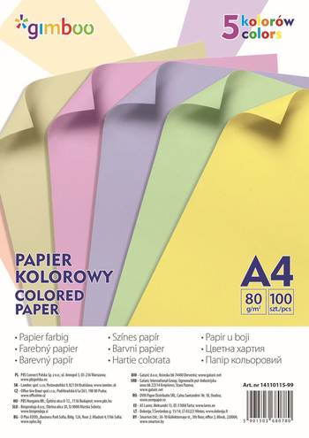 PAPIER KOLOROWY GIMBOO A4 100ARK 5 KOLORÓW PASTELOWYCH 80G 14110115-99