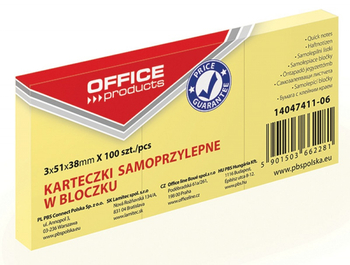 BLOCZEK SAMOPRZYLEPNY 38X51MM PASTEL JASNOŻÓŁTY OFFICE PRODUCTS 3 SZT