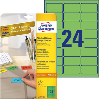 *AVERY Etykiety usuwalne kolorowe; A4, 20 ark./op., 63,5 x 33,9 mm, zielone L6033-20