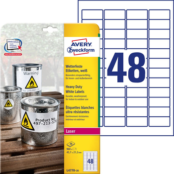 *AVERY Etykiety Heavy Duty; A4, 20 ark./op., 45,7 x 21,2 mm, białe, poliestrowe L4778-20