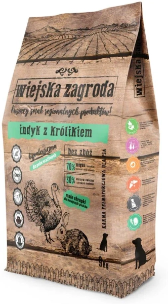 WIEJSKA ZAGRODA KARMA SUCHA DLA PSA INDYK Z KRÓLIKIEM CHRUPKI S 9KG