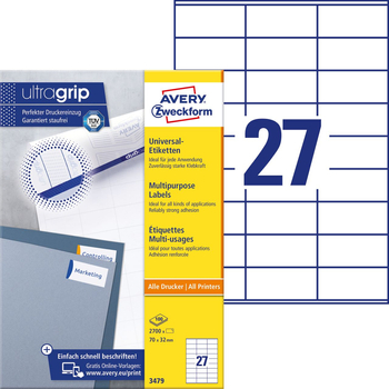 *AVERY Trwałe etykiety uniwersalne; A4, 100 ark./op., 70 x 32 mm, białe 3479