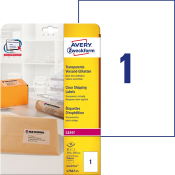 *AVERY Etykiety wysyłkowe przezroczyste; A4, 25 ark./op., 210 x 297 mm, przezroczyste L7567-25