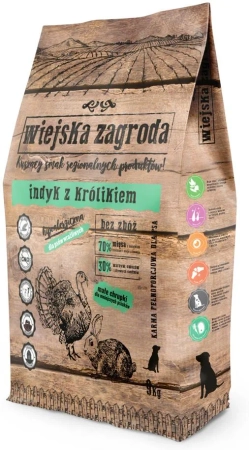 WIEJSKA ZAGRODA KARMA SUCHA DLA PSA INDYK Z KRÓLIKIEM CHRUPKI S 9KG