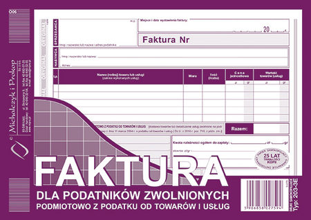 FAKTURA DLA PODATNIKÓW ZWOL.PODM.ZPOD.A5 203-3E