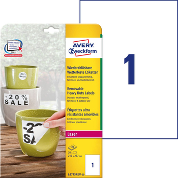 *AVERY Etykiety Heavy Duty; A4, 20 ark./op., 210 x 297 mm, białe, poliestrowe -USUWALNE L4775REV-20
