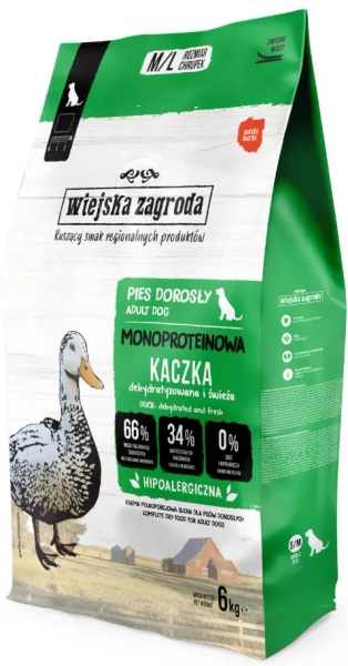 WIEJSKA ZAGRODA KARMA SUCHA DLA PSA MONOBIAŁKOWA KACZKA CHRUPKI M/L 6KG