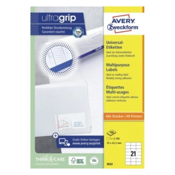 *AVERY Trwałe etykiety uniwersalne; A4, 100 ark./op., 70 x 42,3 mm, białe 3652
