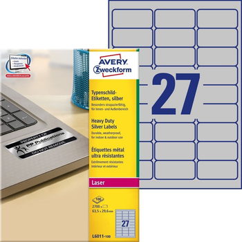 *AVERY Etykiety znamionowe srebrne; A4, 100 ark./op., 63,5 x 29,6 mm, srebrne, poliestrowe L6011-100