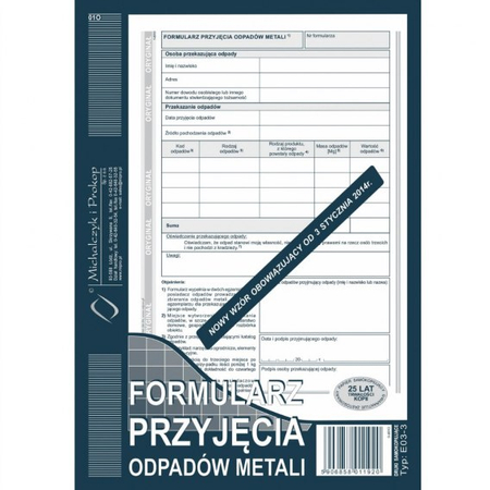 E03-3 FORMULARZ PRZYJĘCIA ODPADÓW METALI